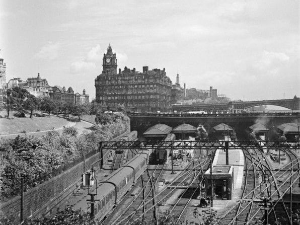 View of Waverley Station and the North British Hotel, which is now known as the iconic Balmoral Hotel