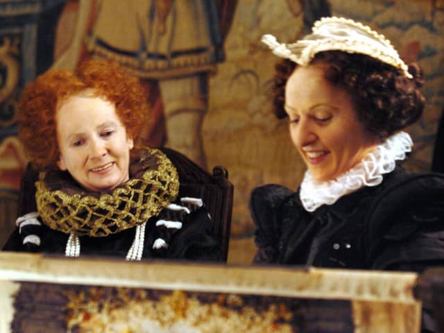 Pictured are the BBC filming a period reconstruction at Hardwick Hall as part of the Manor Lodge entry in the BBC 2 restoration programme. pictured is the Mary Queen of Scots with Bess of Hardwick actors in 2004