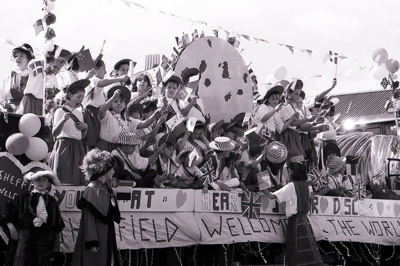 One of the floats at Sheffield Lord Mayor's Parade, June 29, 1991, the year the World Student Games came to the city. The float celebrates 'Sheffield welcoming the world'
