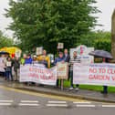 Clowne Garden Village housing protestors' demo at BDC's Arc offices, in Clowne