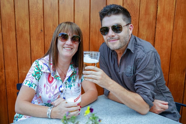 Louisa Gunnee and John Smith enjoying a drink in the Junction bar beer garden.
