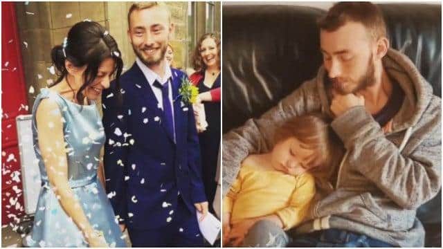 Joshua Jones is pictured with wife Talia on their wedding day and with son Luke, two.