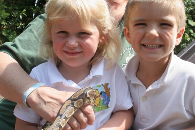 Highfield Hall nursery pupils Ellie Jones and Adam Brough say hello to Monty the Royal Python with handlerJoanne Curson in 2007