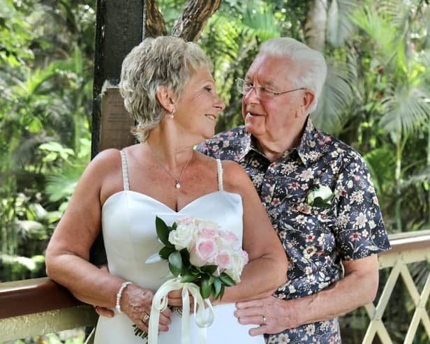 Ruth Vowles, 70, and George Palmer, 86, tying the knot in Gibraltar after meeting at a hospice support group following the deaths of their partners.   Photo: Sweet Gibraltar Weddings / SWNS