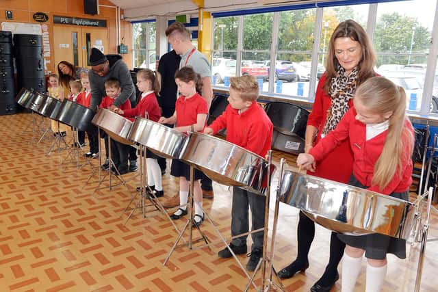 Duckmanton Primary School Black History Month celebrations culminated on Friday with a range of workshops by the Pantasy Steel Band who worked with pupils to help them learn the origins and learn how to play