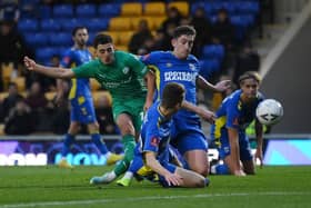 Armando Dobra puts Chesterfield in front against AFC Wimbledon. Picture: Getty