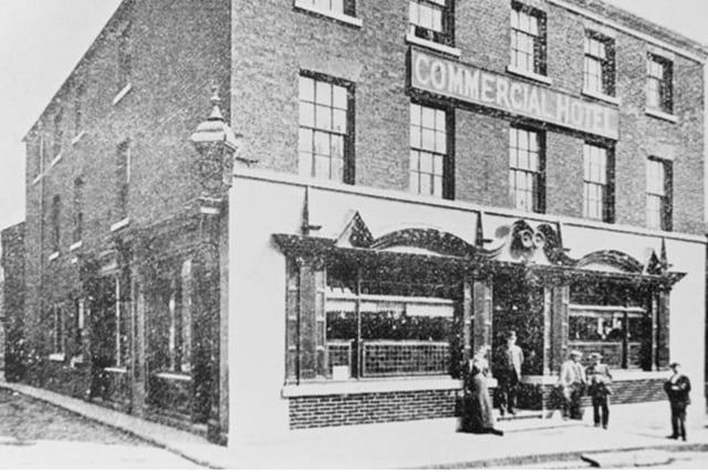 The Commercial Hotel on Vicar Lane 1899. The hotel and pub occupied the corner of Vicar Lane and South Street where Wilkos now stands