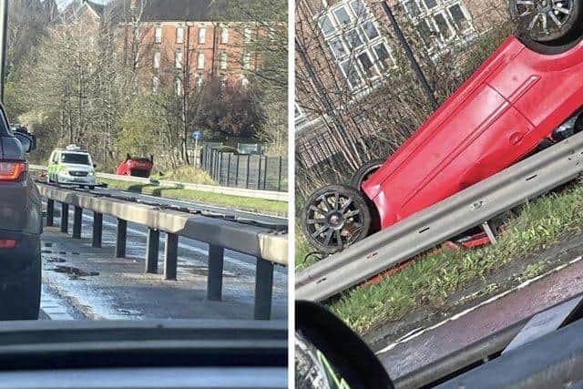 Photos from the scene of the crash on the A61 at Chesterfield show a car flipped onto its roof.
