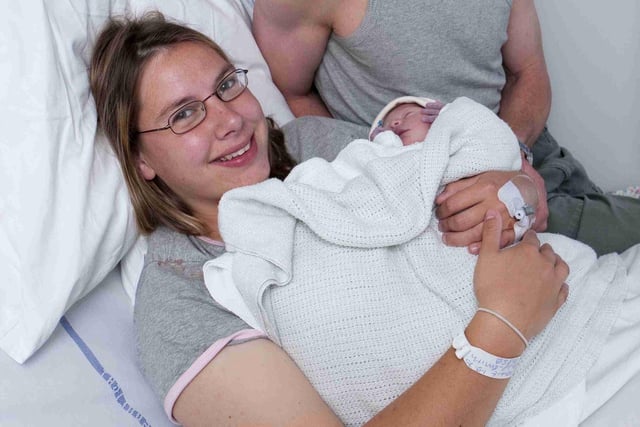 First baby to be born at the Royal's new Chesterfield Birth Centre in 2009. Pictured Hollie Philip-Smith (Mum), Matthew Bullen (Dad) Lilly May (Baby).