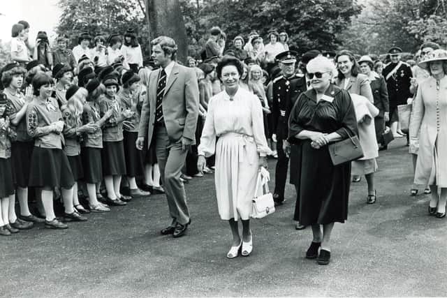 HRH Princess Margaret is escorted up the drive of Glenbrook in June 1980