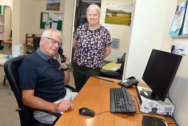 Jane and Peter inside the Chesterfield branch of the Samaritans.