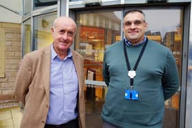 Dr Miles Davidson and Guillermo Sierra, clinical pharmacist, outside Stubley Medical Centre in Dronfield Woodhouse. Pictures by Brian Eyre.