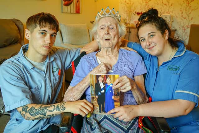 100-year-old Marion Bould  with Lewis Smith and Rheanne Smith at Burton Closes Hall Care Home, Bakewell.
