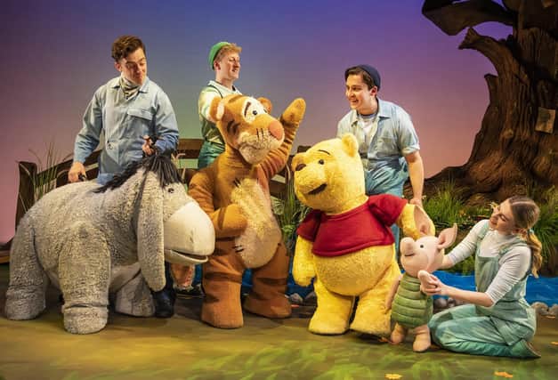 Alex Cardall as Eeyore, Robbie Noonan as Tigger, Benjamin Durham as Pooh and Lottie Grogan as Piglet in Winnie the Pooh (photo: Pamela Raith)