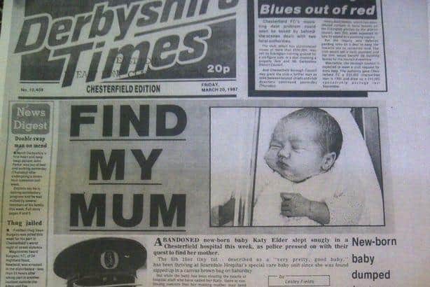 The Derbyshire Times front page from 1987, appealing to find Victoria's mother after she was abandoned as a baby.