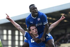 Liam Mandeville celebrates his goal at Notts County in June 2021.