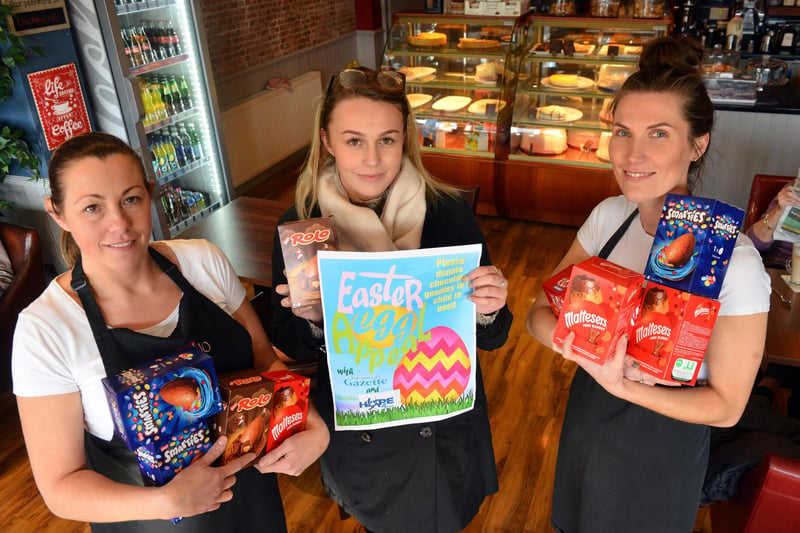 The Shields Gazette annual Easter Egg Appeal got support from Cafe Mio in 2019 and here are owner Kathryn Savage, Hope 4 Kidz Shannon Crowder and Cafe Mio Faye Holmes.