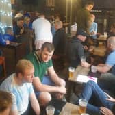 A packed bar at The Bridge Inn, Hollis Lane on the morning of the coach trip to Wembley in May 2023.