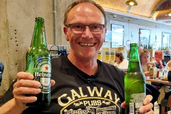 David Bingham, 60, pictured at Flying Horse pub, Gatwick Airport, having completed his mammoth pub crawl.