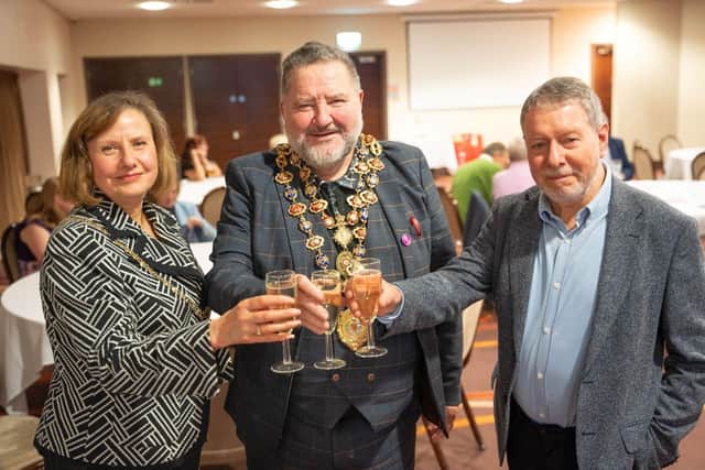 Lord Mayor, Mick Brady (middle) and Lady Mayoress, Suzie Perkins, with Peter Clark of Graysons