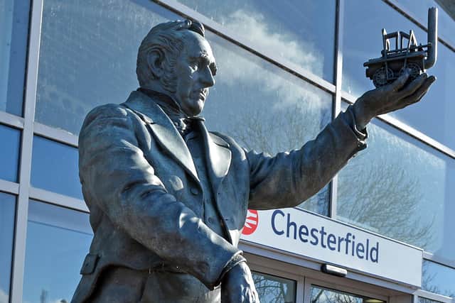 George Stephenson statue outside Chesterfield railway station.