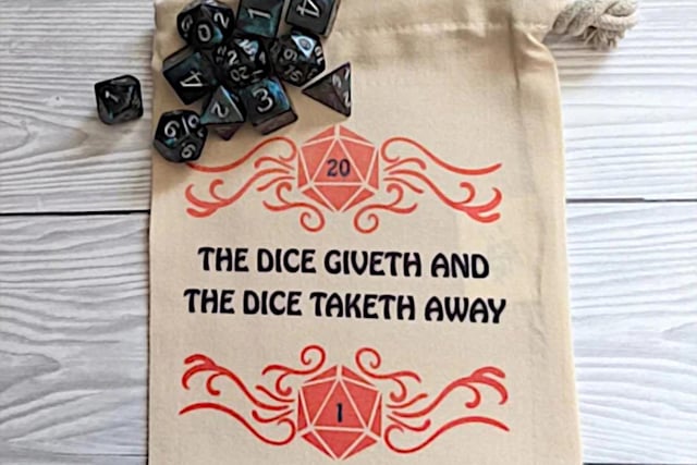If you or your loved one has a passion for games, this large dice bag is sure to make a fun addition to your collection!
This product can fit in several dice, is made from 100% ethically sourced polyester and can be used for tabletop games, such as Dungeons & Dragons or Warhammer.
Price: £6.50