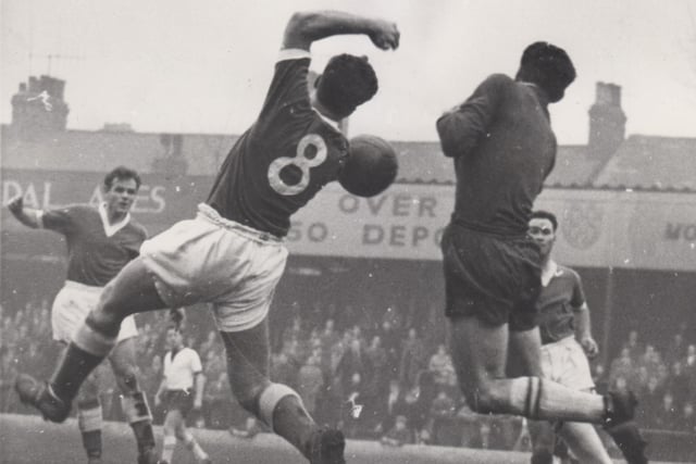 Chesterfield vs Grimsby Town17 December 1960Picture shows Barnett the Grimsby Town goalkeeper making a save of the head of the Chesterfield inside right Havenhead from a pass by Frear.