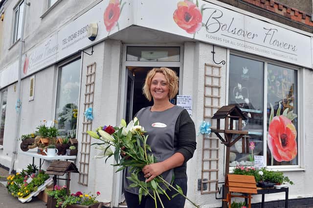 Marie Carline outside her shop, Bolsover Flowers.