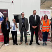 Students from Parkside Community School, Paul Elliott (Teacher of Technology at Parkside Community School), Toby Perkins MP, Alexa Stott (Marketing & Events Manager at Barrow Hill Roundhouse) and Helen Kettell (HR Manager at Heraeus Electro-Nite (UK) Ltd).