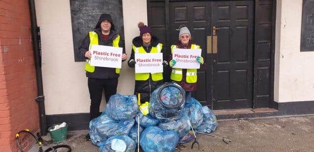 Ashley Taylor, Bolsover District Councillor Janet Tait and Cathy Jeffrey with the litter collected from their first event earlier this year.
