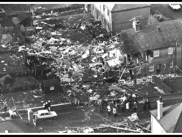 An aerial shot of property in Sherwood Park devastated by the wreckage of Pan Am flight 103, Boeing 747 airliner.