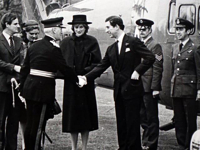 Prince Charles and Princess Diana being welcomed by The Lord Lieutenant of Derbyshire in 1981