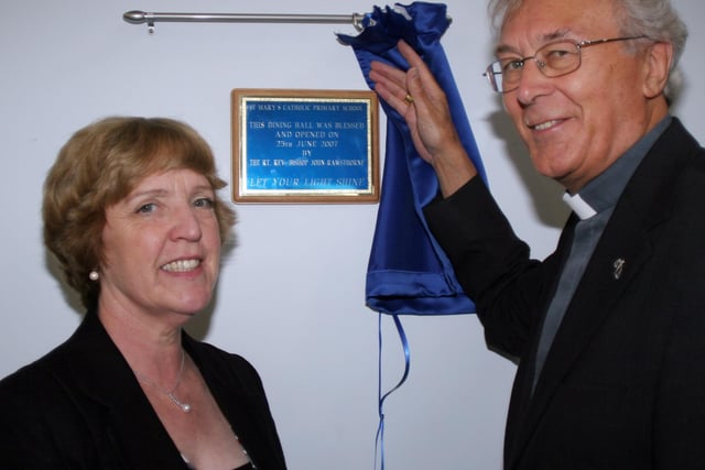 The Opening of St Mary's School dining room. Head Marion Bolton and The Bishop of Hallam, John Rawsthorne.