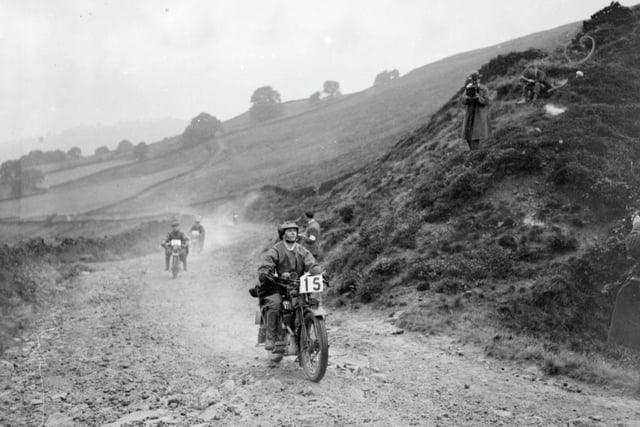 Competitors in the Internationality Reliability Trials in Buxton negotiating a rough country track in August 1926.