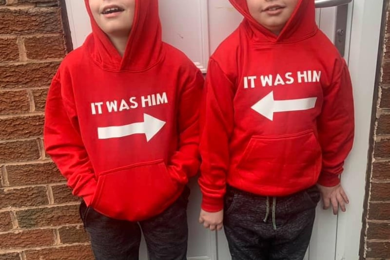 Mum Rachel Jane Wood said: "My kids had to wear 'something red and funny' at Sir Edmund Hillary, so I made these jumpers!" Pictured are Rupert, aged 10 and Troy, aged nine