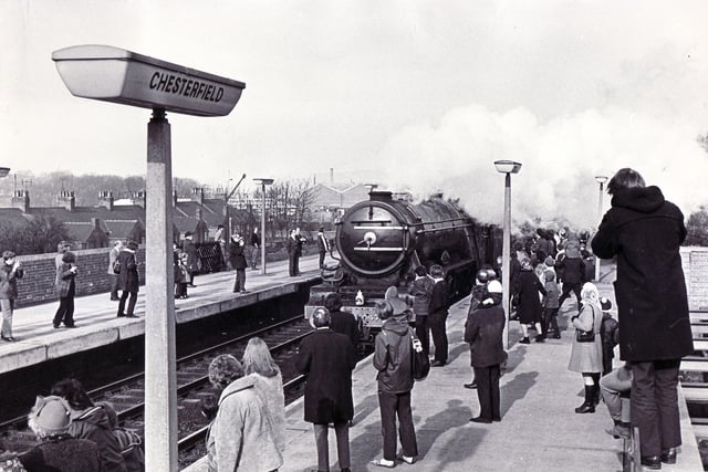 A sight for sore eyes is the impressive bulk of the Flying Scotsman as it steams through Chesterfield Station on its way to Derby workshops for a refit in 1973.  The famous engine had been unloaded from a boat in Liverpool after being on display in America.