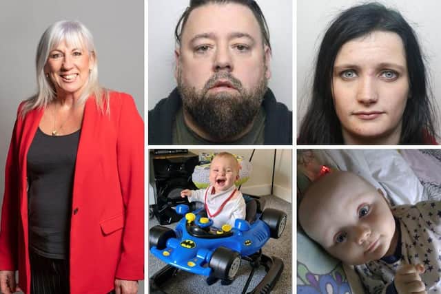 Amanda Solloway has defended current policy over child killer sentencing powers.
Centre: top is Craig Crouch, convicted of murdering his 10-month-old step-son Jacob Crouch (centre bottom)
Right: pictured is Shannon Marsden, convicted of murdering her 10-month-old baby Finley Boden (bottom right). Stephen Boden was also convicted of the murder of Finley.