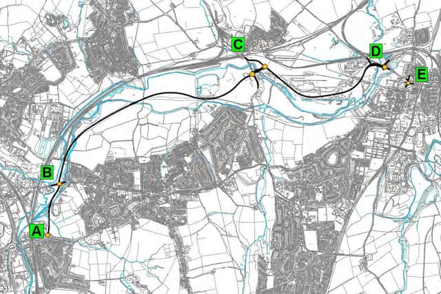 The proposed route of the Staveley bypass, with A marking the Sainsbury's roundabout and D is Hall Lane, Staveley. Image: Derbyshire County Council.