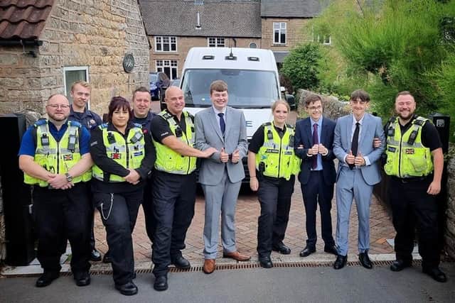 William (centre) and friends Finn and Charlie were escorted to the Netherthorpe School prom by members of the emergency services.