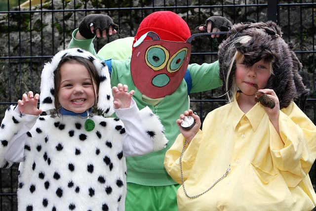 Frankie Hodgkinson (Hungry Caterpillar), Ruby Treanor  (Dalmatian) and Jessie Summerhayes (Hobbit) at Carsington and Hopton Primary School's celebration in 2006.