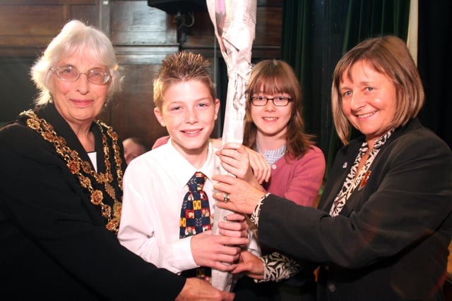 Netherthorpe school welcomes Chesterfield Mayor Trydy Mulcaster. Pulils pictured are 13 year olds Nathan Newton and Rachel Northedge with Head teacher Pamela Hedley.