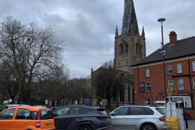 A Chesterfield Borough Council town centre car park in the shadow of the Crooked Spire Church