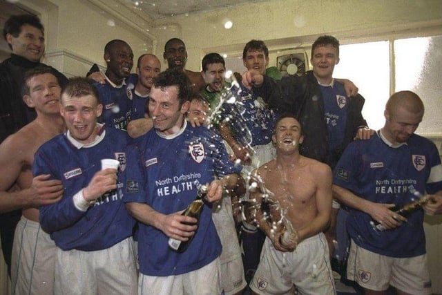 Chesterfield celebrate after the FA cup quarter final victory over Wrexham at Saltergate on March 9 1997. Chesterfield won 1-0. (Ross Kinnaird /Allsport)