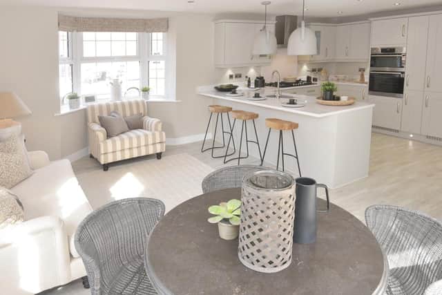 Kitchen and dining area in Moorcroft style home at Rambers' Gate, Ashbourne.