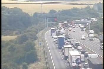There are long queues of traffic on the M1 southbound near Chesterfield after a vehicle broke down. Credit: Highways England.