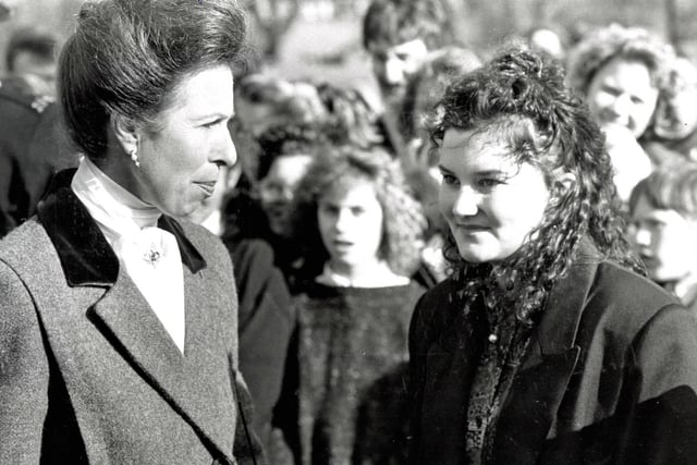 Princess Anne at Eckington school during a visit to North Derbyshire, March 1990