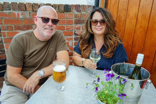 Amanda and Andy Phillips having a drink in the Junction beer garden.