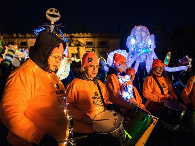 Brand new samba band, Bolsover Beats, made their debut on the night and led the lantern parade into the town centre. Created by Junction Arts, the band of 30 members had no prior musical experience when they began rehearsing in May 2025 (photo: Lamar Francois)