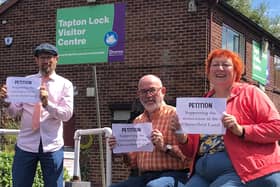 Councillors Ed Fordham, Paul Niblock and Shirley Niblock at Tapton Lock Visitor Centre encouraging people to sign the petition.