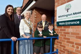 Whittington Moor Nursery and Infants school rebrands from Gilbert Heathcote Nursery and Infant School. Seen are Year 2 pupils James and Caylyn with the Mayor of Chesterfield Councillor Glenys Falconer and her consort Keith Falconer, headteacher Lauren Kay and Dave Williams, CEO of Cavendish Learning Trust